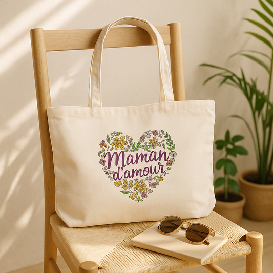 Tote Bag Blanc en Canevas – Motifs Cœur Maman