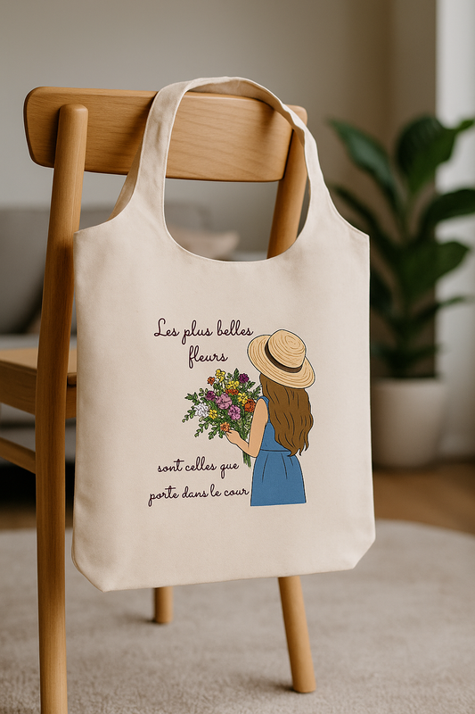 Tote Bag Souple Personnalisé – Beige- "Les plus belles fleurs"