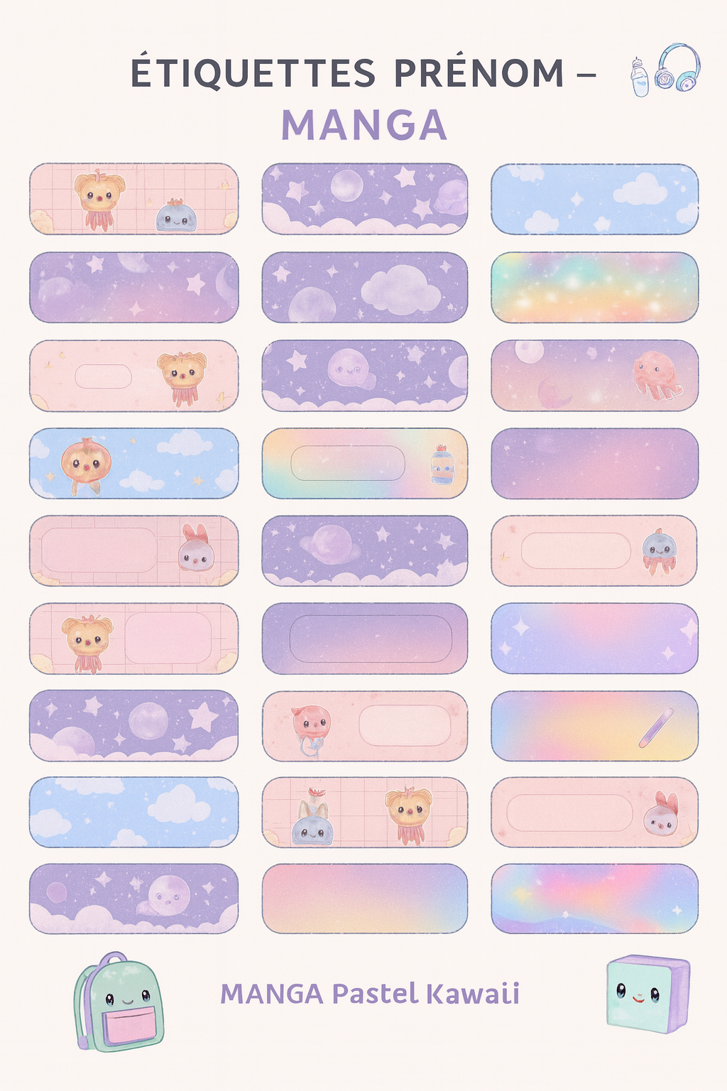 Étiquettes prénom imprimables – Univers Manga Pastel (PDF A4 – Kawaii)