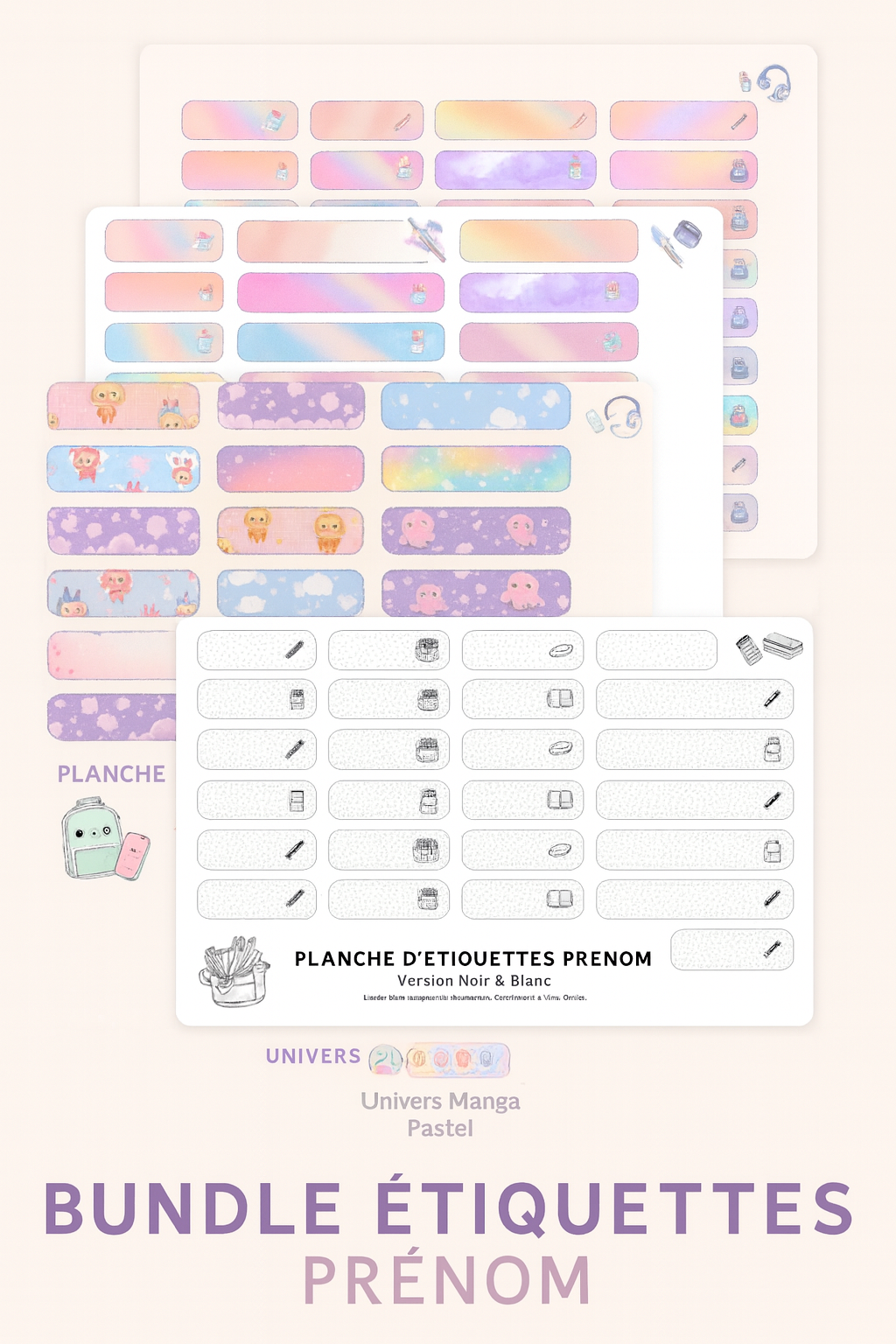 Étiquettes prénom imprimables – Univers Manga Pastel (PDF A4 – Kawaii)