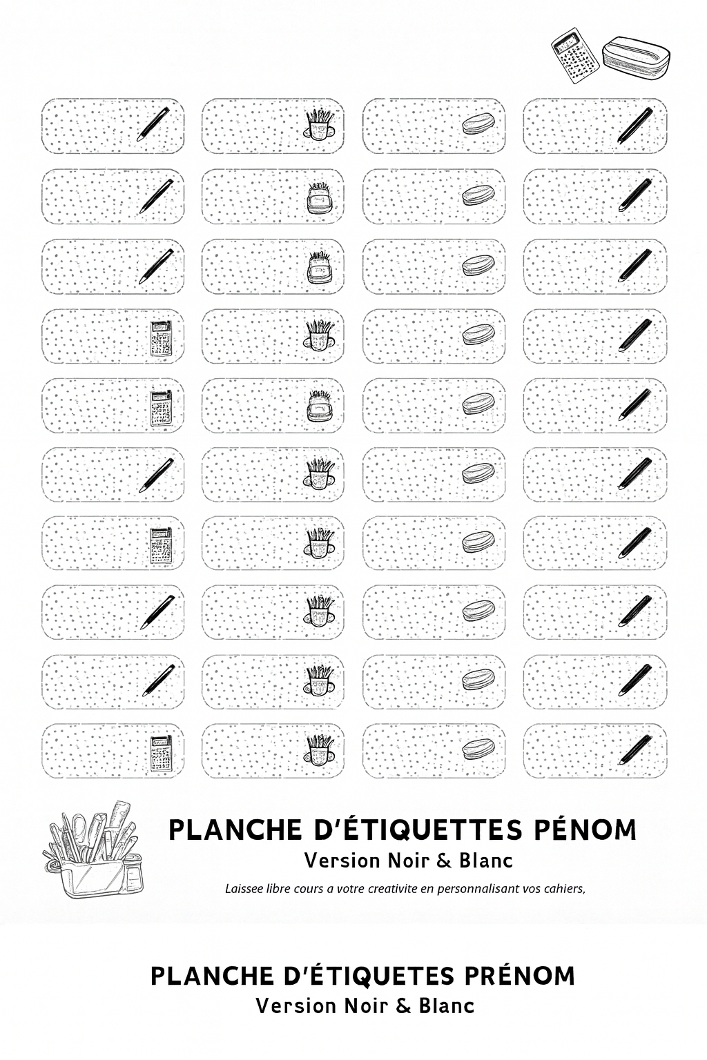 Étiquettes prénom imprimables – Noir & Blanc à colorier (PDF A4)