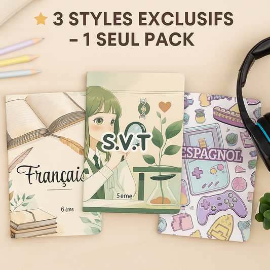 Pack Collector Collège – 3 univers (Pastel, Manga, Gamer) – Pages de garde scolaires (PDF à imprimer ou imprimé & envoyé)