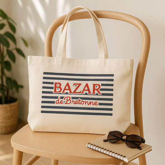 Tote Bag Blanc en Canevas – Motifs Cœur Maman & Bazar de Bretonne