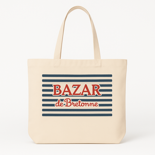 Tote Bag Blanc en Canevas – Motifs Cœur Maman & Bazar de Bretonne