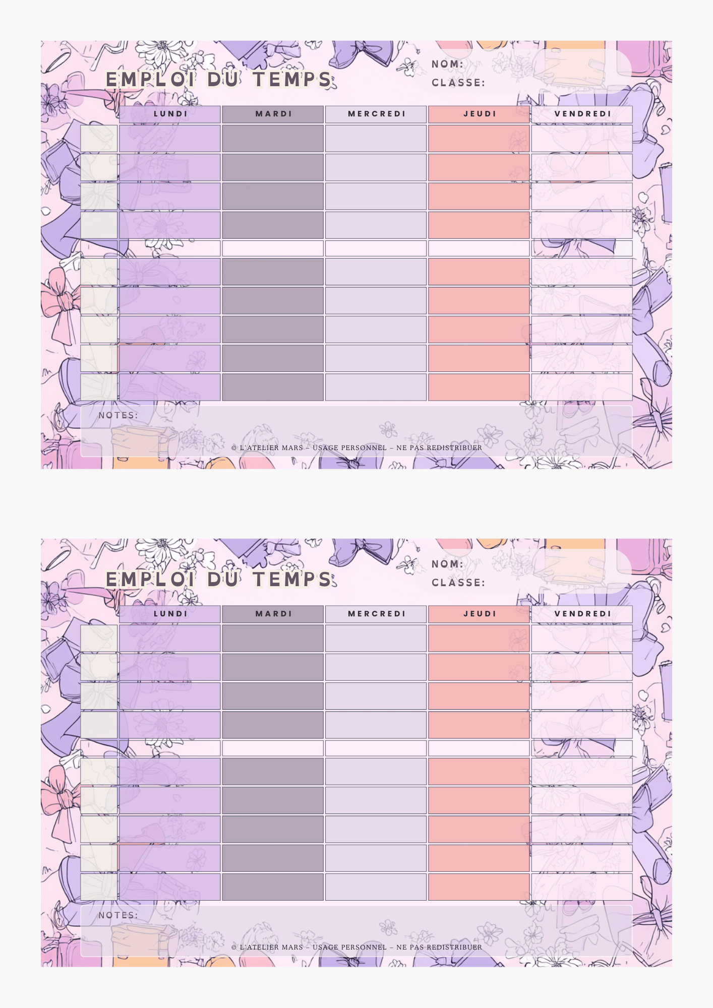 Emploi du temps scolaire – Girly (PDF à imprimer ou imprimé & envoyé)