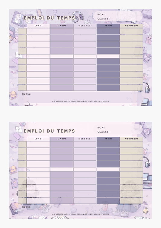 Emploi du temps scolaire – Manga Pastel (PDF à imprimer ou imprimé & envoyé)