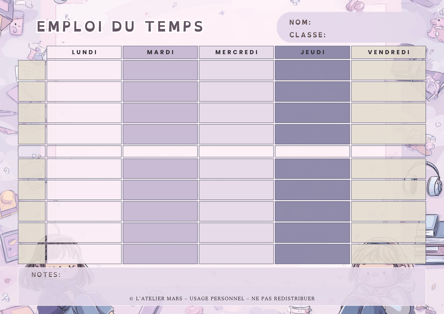 Emploi du temps scolaire – Manga Pastel (PDF à imprimer ou imprimé & envoyé)