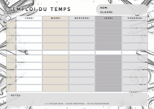 Emploi du temps scolaire – Noir & Blanc (PDF à imprimer ou imprimé & envoyé)