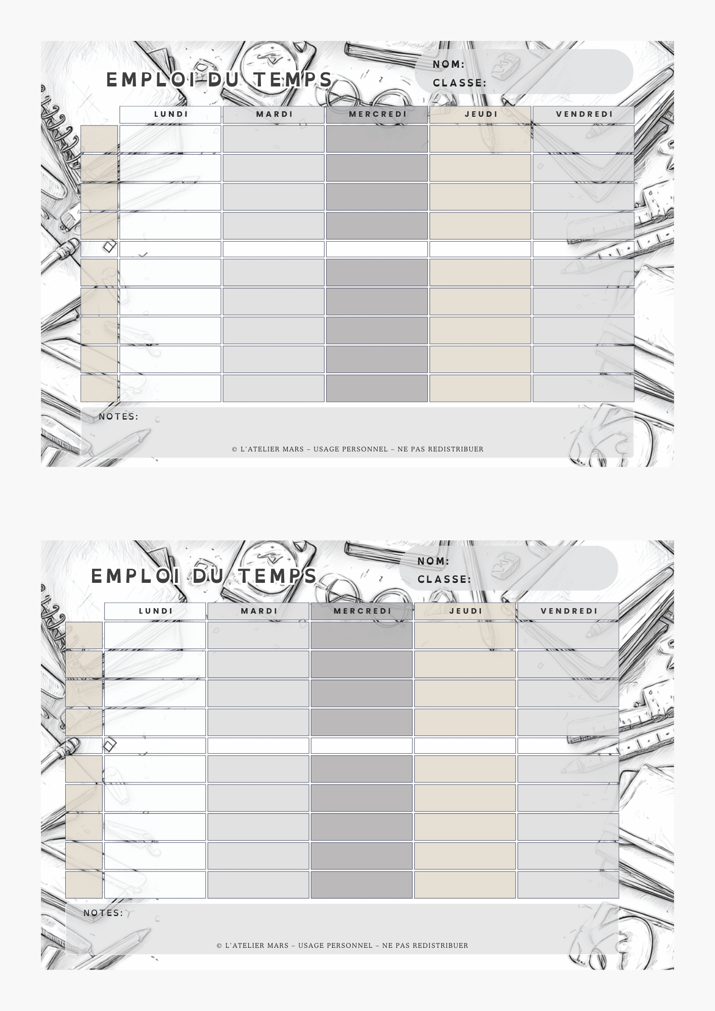 Emploi du temps scolaire – Noir & Blanc (PDF à imprimer ou imprimé & envoyé)