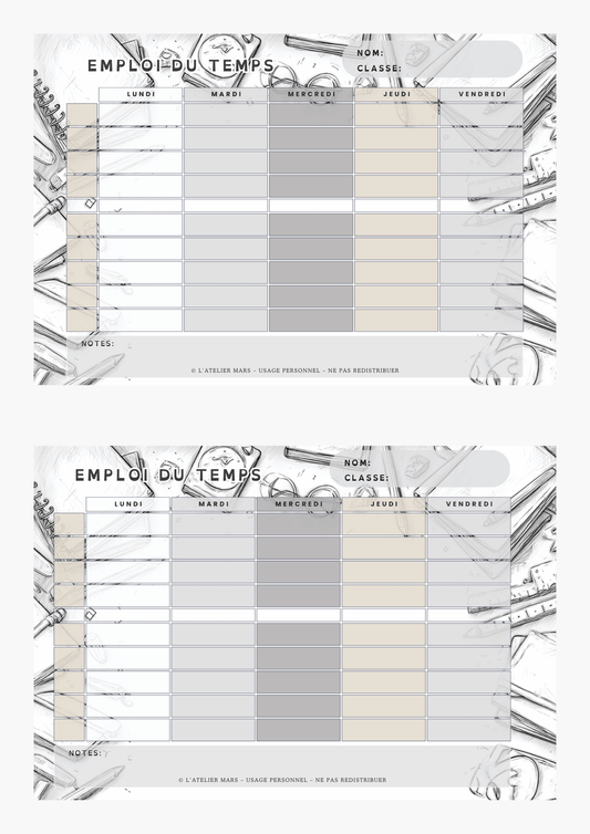 Emploi du temps scolaire – Noir & Blanc (PDF à imprimer ou imprimé & envoyé)