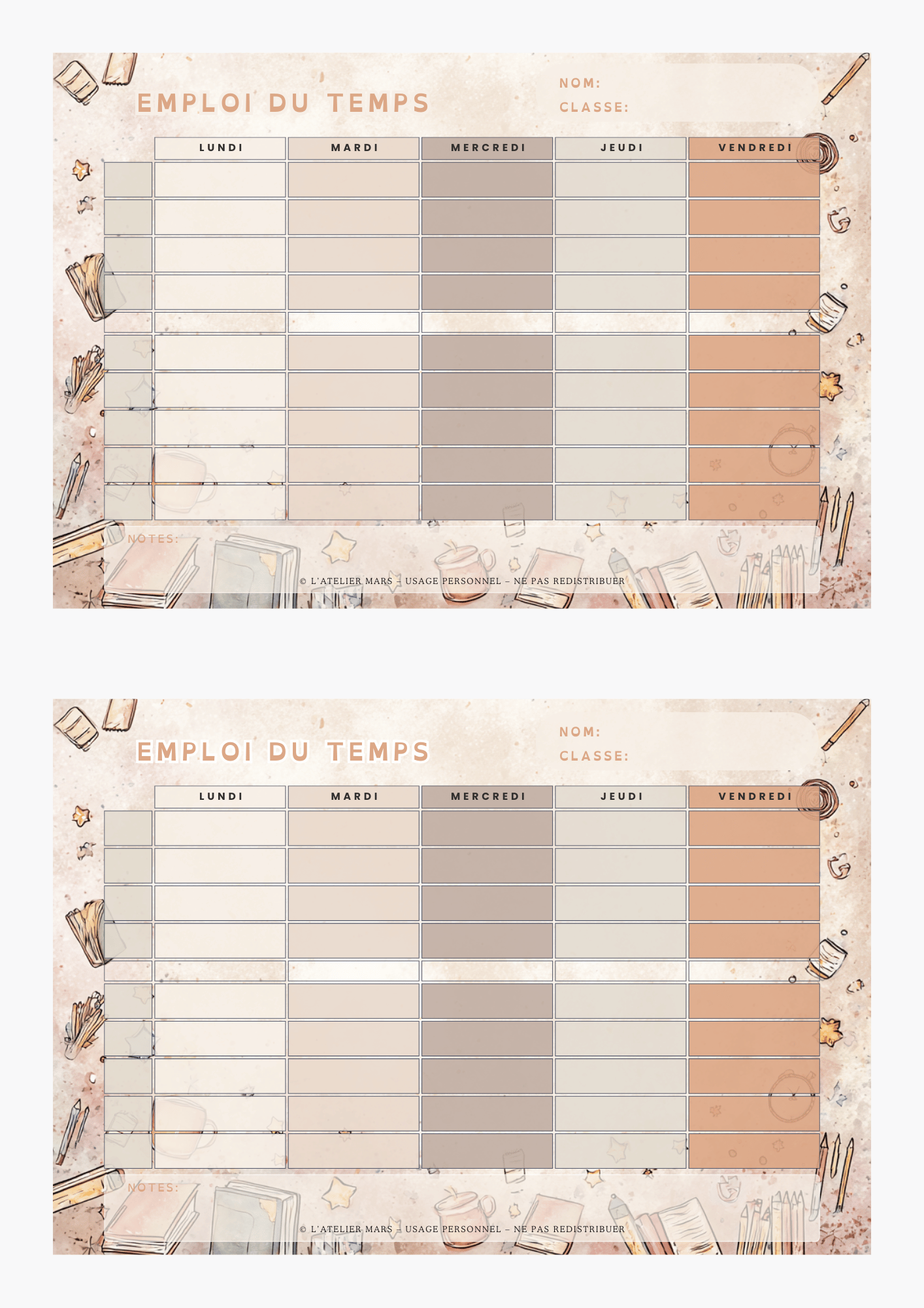 Emploi du temps scolaire – Pastel (PDF à imprimer ou imprimé & envoyé)