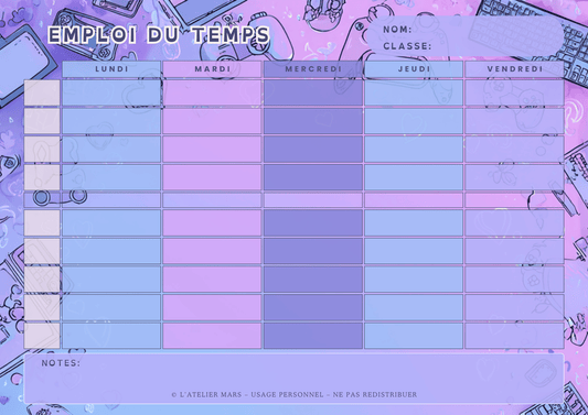 Emploi du temps scolaire – Tech-Gamer (PDF à imprimer ou imprimé & envoyé)