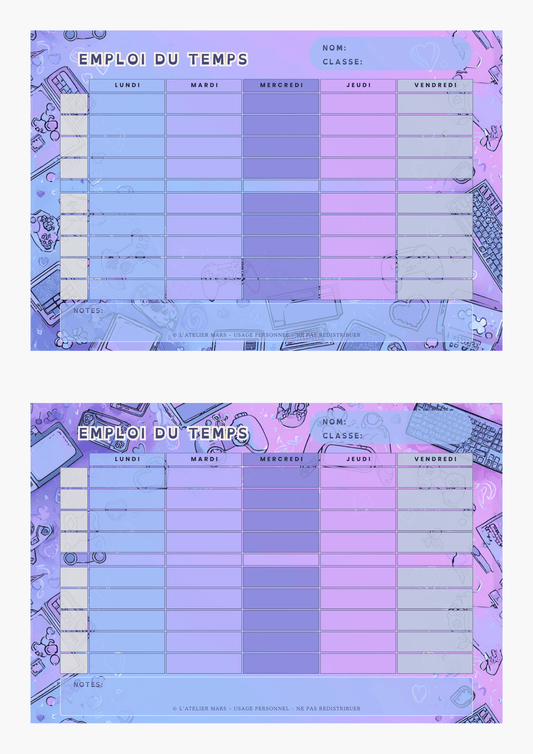 Emploi du temps scolaire – Tech-Gamer (PDF à imprimer ou imprimé & envoyé)