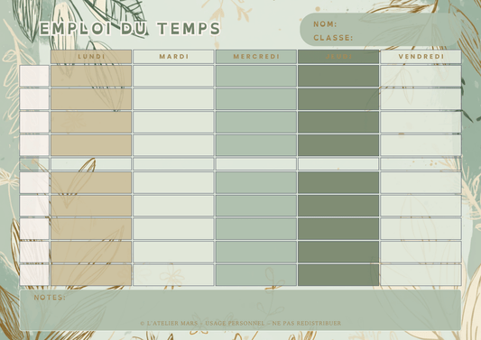 Emploi du temps scolaire – Végétal (PDF à imprimer ou imprimé & envoyé)