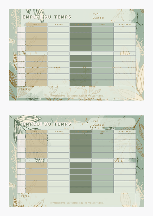 Emploi du temps scolaire – Végétal (PDF à imprimer ou imprimé & envoyé)