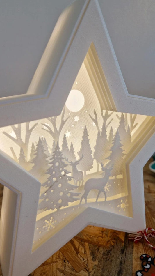Lampe LED 3D de Noël – Étoile Forêt / Étoile Multicouche Cerf / Étoile Père Noël – Atelier MARS