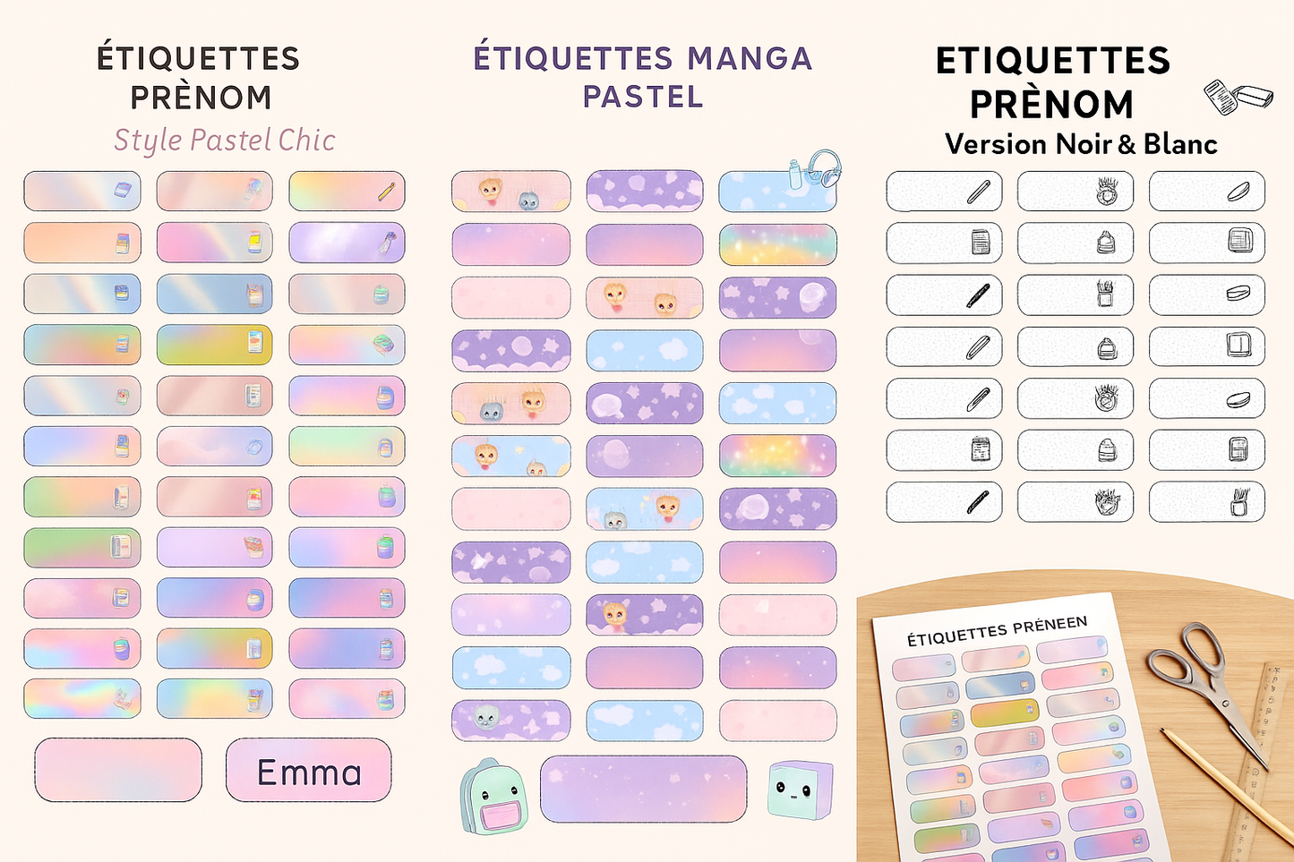 Étiquettes prénom imprimables – Style Pastel Chic (PDF A4)
