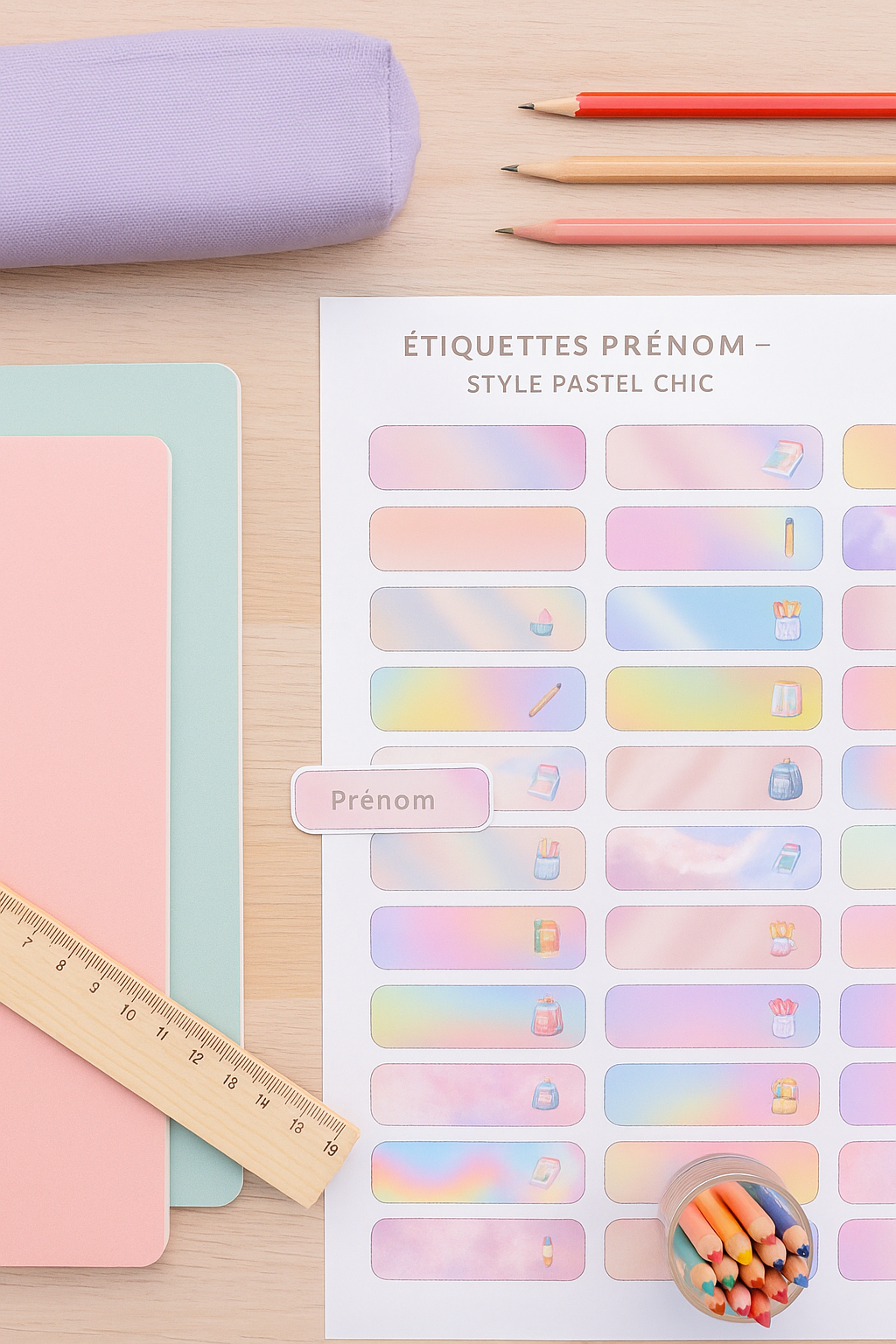 Étiquettes prénom imprimables – Style Pastel Chic (PDF A4)