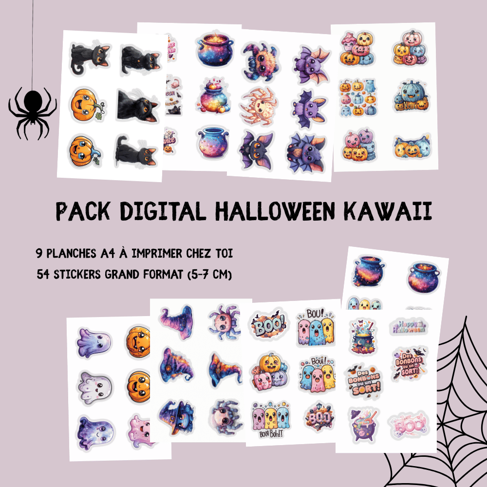 Stickers Halloween Kawaii 🎃👻 – Pack Digital (9 planches A4 à imprimer)