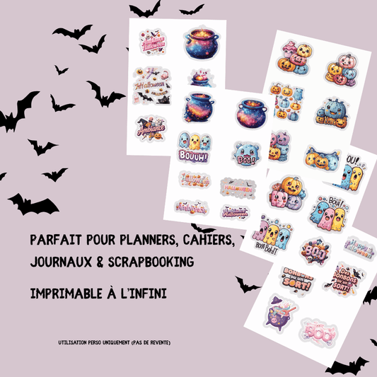 Stickers Halloween Kawaii 🎃👻 – Pack Digital (9 planches A4 à imprimer)