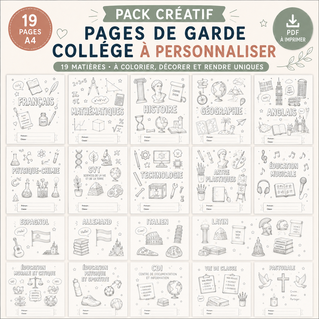 Pack Pages de Garde Collège CRÉATIF – 19 matières à personnaliser (PDF)