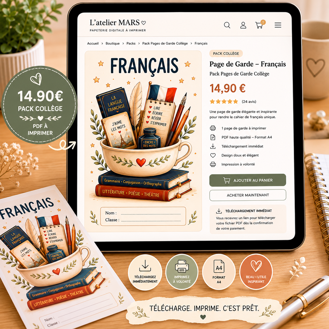 Pack Pages de Garde Collège ÉLITE – 19 matières à imprimer (PDF)
