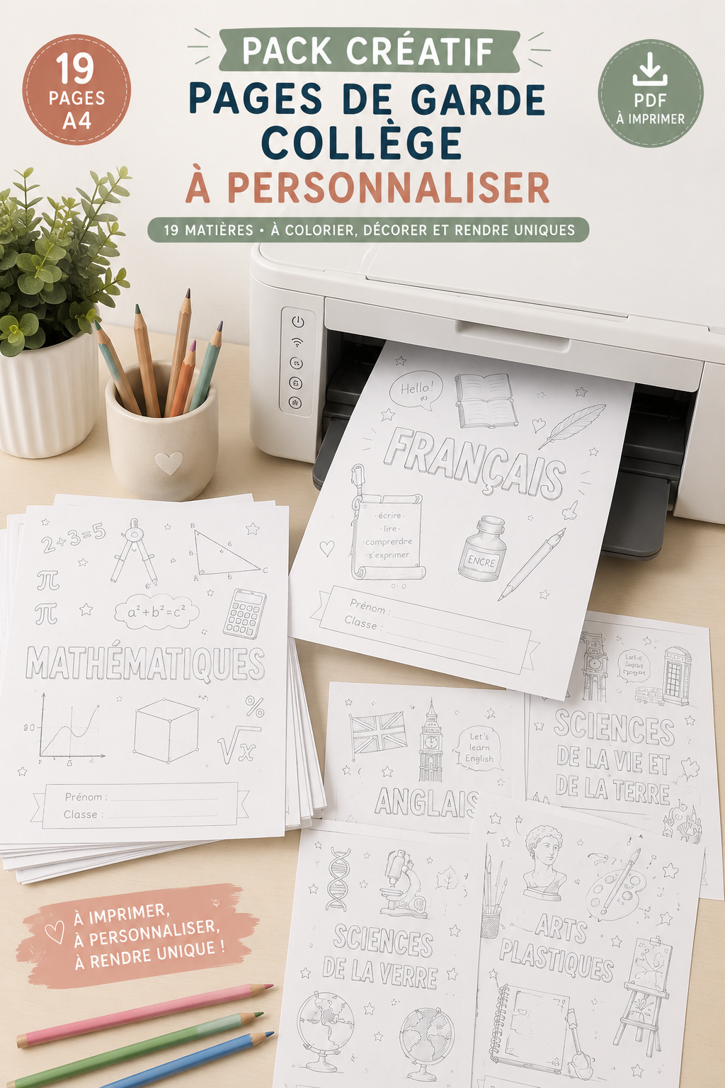Pack Pages de Garde Collège CRÉATIF – 19 matières à personnaliser (PDF)