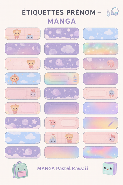 Étiquettes prénom imprimables – Univers Manga Pastel (PDF A4 – Kawaii)
