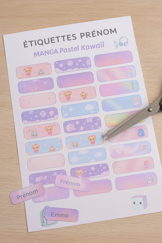 Étiquettes prénom imprimables – Univers Manga Pastel (PDF A4 – Kawaii)