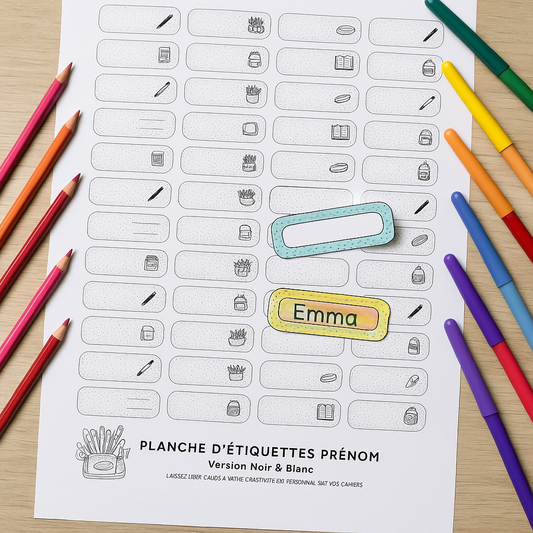 Étiquettes prénom imprimables – Noir & Blanc à colorier (PDF A4)