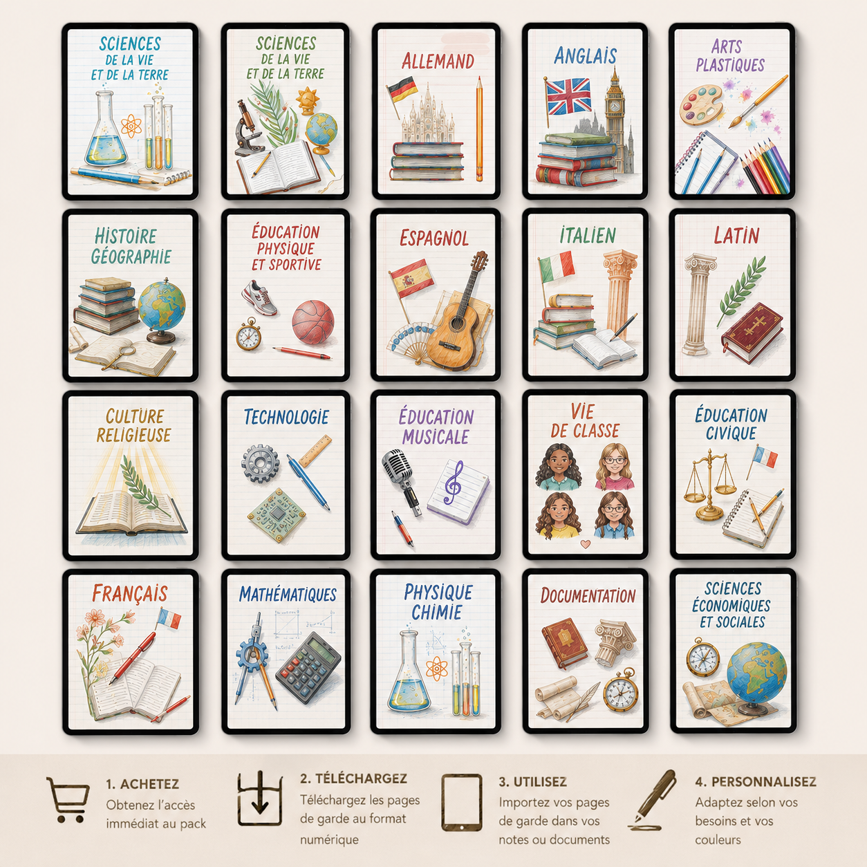 Pages de garde Collège à imprimer | Pack PDF 19 matières