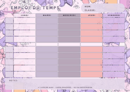 Emploi du temps scolaire – Girly (PDF à imprimer ou imprimé & envoyé)