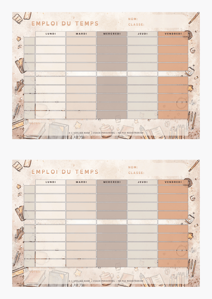 Emploi du temps scolaire – Pastel (PDF à imprimer ou imprimé & envoyé)