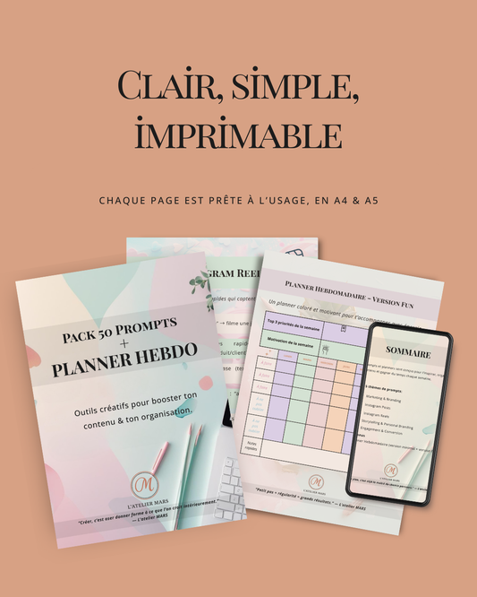 Pack 50 Prompts + Planner Hebdo (PDF imprimable &amp; digital)