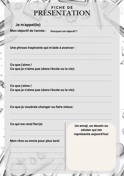 Emploi du temps scolaire – Noir & Blanc (PDF à imprimer ou imprimé & envoyé)