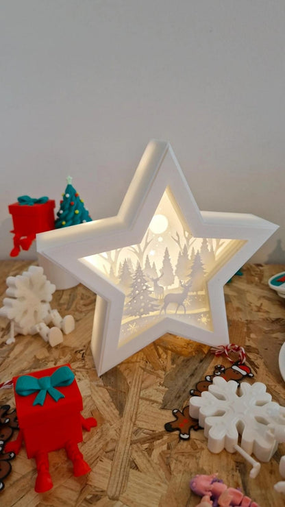 Lampe LED 3D de Noël – Étoile Forêt / Étoile Multicouche Cerf / Étoile Père Noël – Atelier MARS