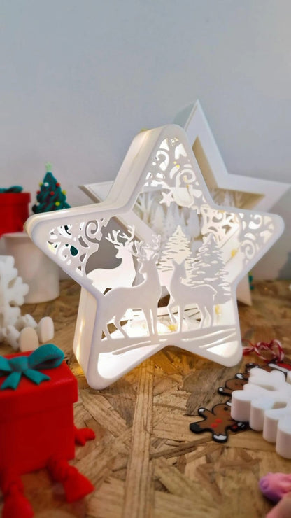 Lampe LED 3D de Noël – Étoile Forêt / Étoile Multicouche Cerf / Étoile Père Noël – Atelier MARS
