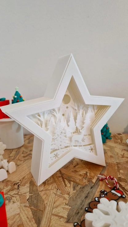 Lampe LED 3D de Noël – Étoile Forêt / Étoile Multicouche Cerf / Étoile Père Noël – Atelier MARS