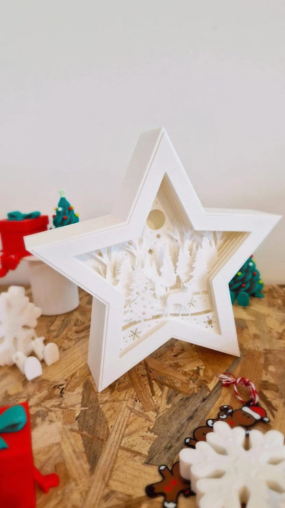Lampe LED 3D de Noël – Étoile Forêt / Étoile Multicouche Cerf / Étoile Père Noël – Atelier MARS