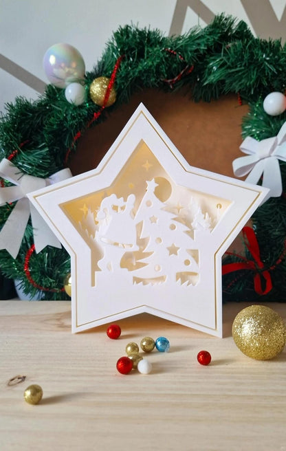 Lampe LED 3D de Noël – Étoile Forêt / Étoile Multicouche Cerf / Étoile Père Noël – Atelier MARS