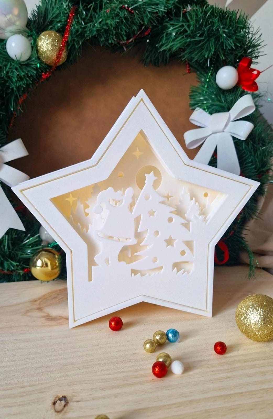 Lampe LED 3D de Noël – Étoile Forêt / Étoile Multicouche Cerf / Étoile Père Noël – Atelier MARS