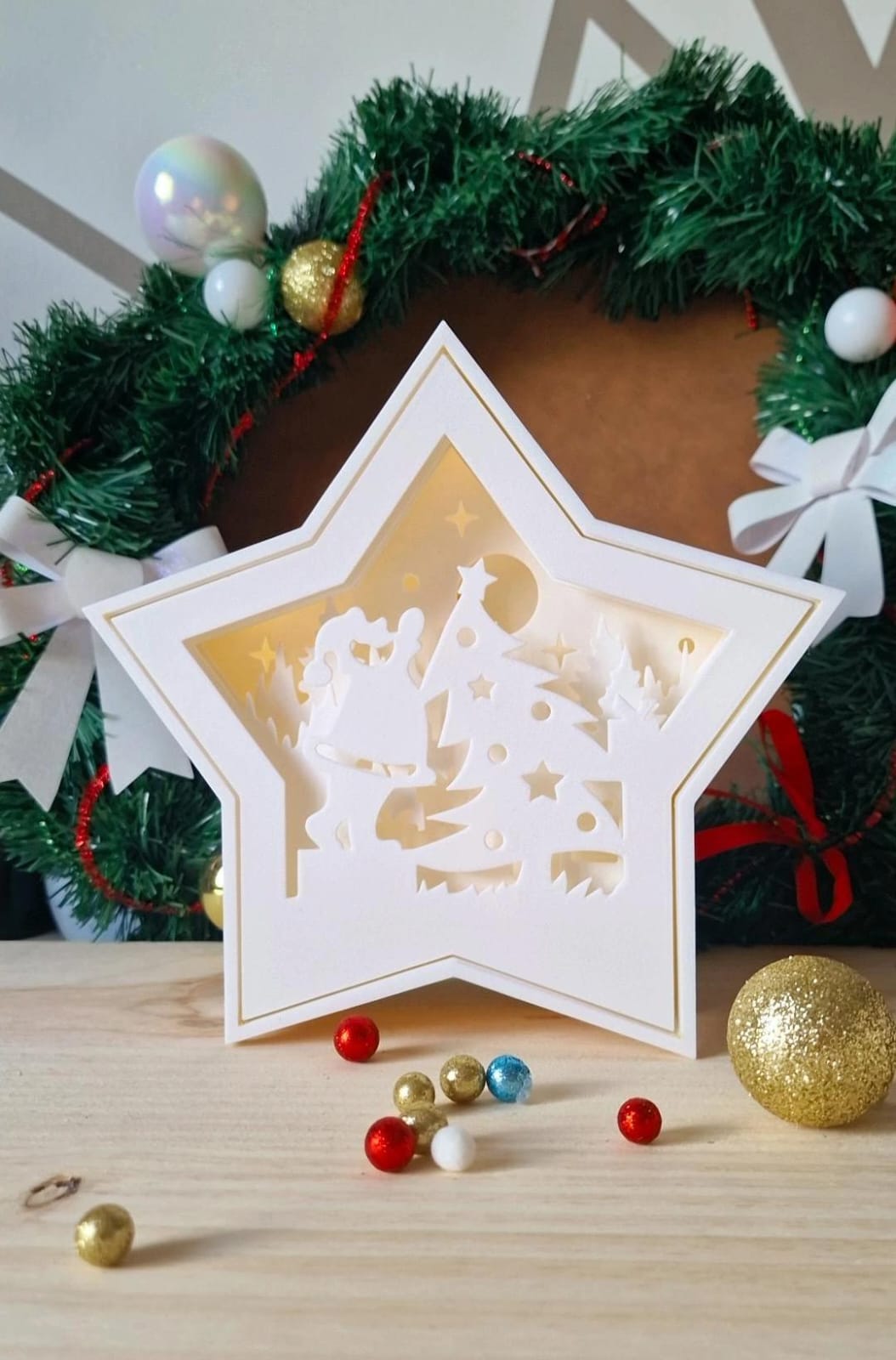 Lampe LED 3D de Noël – Étoile Forêt / Étoile Multicouche Cerf / Étoile Père Noël – Atelier MARS