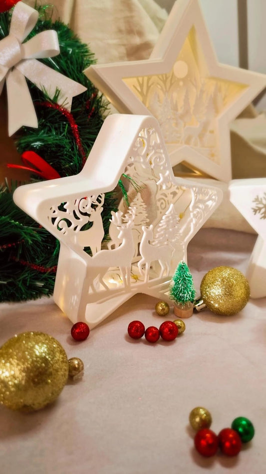 Lampe LED 3D de Noël – Étoile Forêt / Étoile Multicouche Cerf / Étoile Père Noël – Atelier MARS