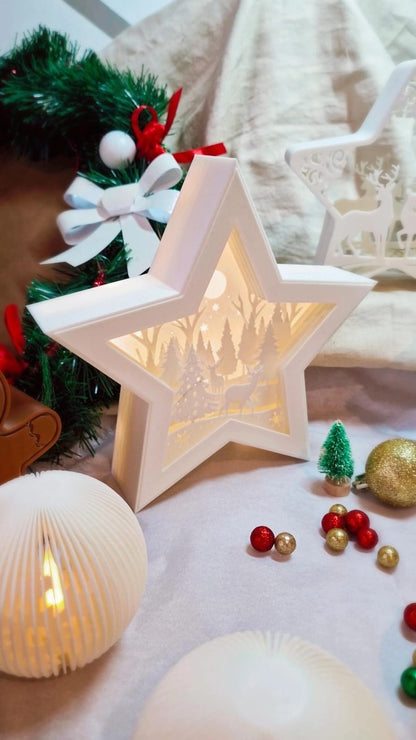 Lampe LED 3D de Noël – Étoile Forêt / Étoile Multicouche Cerf / Étoile Père Noël – Atelier MARS