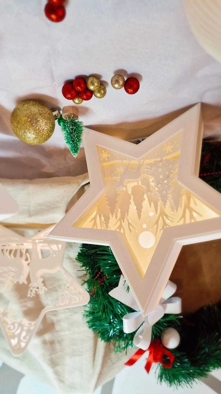 Lampe LED 3D de Noël – Étoile Forêt / Étoile Multicouche Cerf / Étoile Père Noël – Atelier MARS