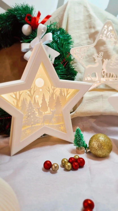 Lampe LED 3D de Noël – Étoile Forêt / Étoile Multicouche Cerf / Étoile Père Noël – Atelier MARS