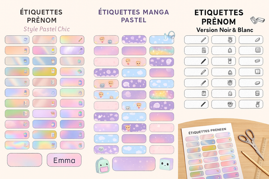 Étiquettes prénom imprimables – Noir & Blanc à colorier (PDF A4)