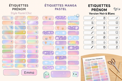 Étiquettes prénom imprimables – Univers Manga Pastel (PDF A4 – Kawaii)