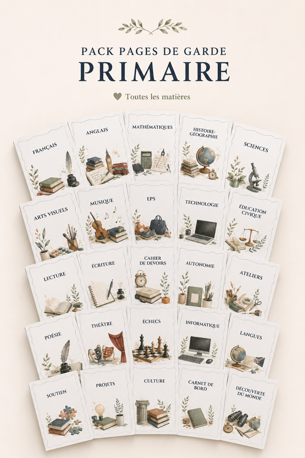 Pack Enseignant Primaire – 51 Pages de Garde Élégantes à Imprimer | Cycles 2 & 3