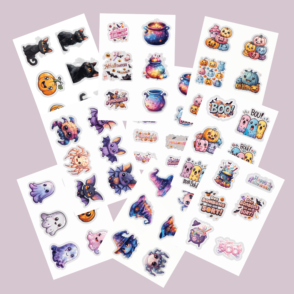 Stickers Halloween Kawaii 🎃👻 – Pack Digital (9 planches A4 à imprimer)